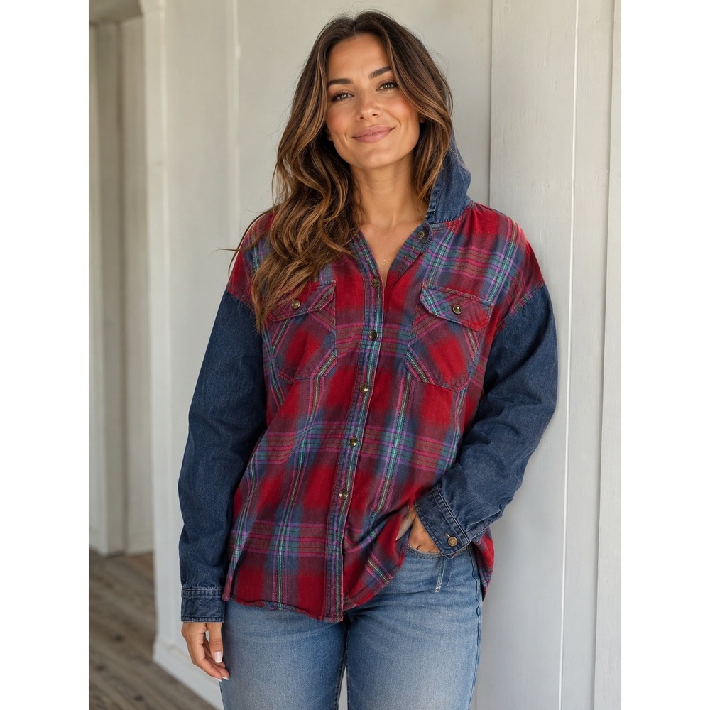 Mobility Womens Red Plaid Hooded Flannel Shirt Blue Denim Sleeves Large L‎